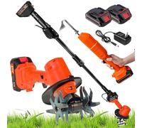 2 en 1 Motobineuse Électrique sans Fil/bineuse Électrique, avec Perche Télescopique & 2 Batteries, pour Un Travail du Sol sans Effort dans Les Massifs Fleurs, Motobineuse Légère pour Jardin