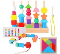 2 en 1 Pédagogique Empilable Jouet, Perles de Laçage et Empileur de Forme Assortie d'Activité et de Développement, Jouet de Construction à Enfiler des Perles avec Des Cartes Tangram pour Tout-Petits