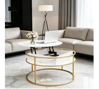 2 en 1 Table Basse Relevable 80x80 cm VIVOLILV,Ajustable en hauteur,Rangement Caché,Style Industriel Vintage pour Salon,Blanc Or