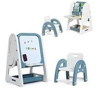 Costway 2 En 1 Tableau Enfant Magnétique, Avec Chaise, Etagère Rangement, 1 Effaceur, 4 Marqueurs, Kit Aimantés Bleu