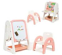 2 en 1 tableau magnétique enfant giantex orange hauteur réglable double face avec tabouret, bureau pliable, étagère de livres accessoires en HDPE G