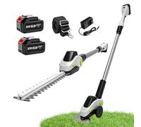 2 en 1 Taille Haie et Cisaille à Gazon, Taille Haie Electrique sans Fil avec 2 Batterie et Câble de Charge, Sécateur Electrique avec Téléscopique pour Arbustes Jardin Gazon Pelouse