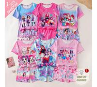[2 ensembles aléatoires] Ensemble de pyjama en tricot doux avec imprimé licorne et cœur mignon pour jeune fille, rose clair, style féerique, assorti en famille, Top à manches courtes et short, coupe a