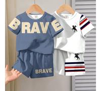 2 ensembles aléatoires parmi 4 ensembles t-shirt et short décontractés pour bébé garçon, avec imprimés rayures, logo cheval, texte cool. Convient pour le printemps/été 6-9M,9-12M,12-18M,18-24M,2-3YBlo