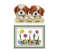 2 Ensembles De Broderie À La Main En Point De Croix: 1 Ensemble Bricolage Cinq Vases 14 Points 62x46 Cm Avec 1 Ensemble 11ct Deux Motifs De Chiot 46