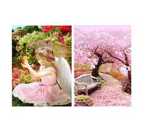 2 Ensembles De Peinture Diamant À Faire Soi-Même, Broderie De Strass Carrés En Point De Croix, Art Domestique, Chat Ange Et Paysage De Fleurs De Cerisier Rose