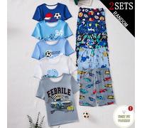 2 ensembles de t-shirt graphique et short ajustés pour garçons préadolescents, assortiment familial mignon pour l'été, imprimés voiture de course, dinosaure et football en polyester bleu marine 8Y,9Y,