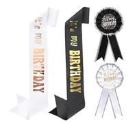 2 Ensembles It's My Birthday Broche et Écharpe, Satin Épingle à Vêtement Boutonnée Badge Ruban de Récompense Fête Accessoire pour Femmes Hommes Fête Décoration (Noir, Blanc)