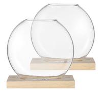 2 Ensembles Terrarium de Propagation avec Base Eucalyptus | Vase Transparent Amovible, Bords Lisses et Forme Ronde, Déco de Comptoir pour Boutures et Fleurs