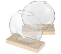 2 Ensembles Vase en Verre pour Plantes avec Base en Eucalyptus | Borosilicate, Bords Arrondis, Salon ou Balcon, pour Culture Hydroponique