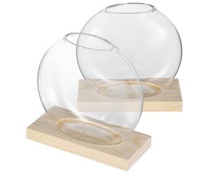 2 Ensembles Vase en Verre pour Plantes avec Base en Eucalyptus | Borosilicate, Bords Arrondis, Salon ou Balcon, pour Culture Hydroponique