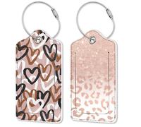 2 étiquettes de bagages avec anneaux en acier inoxydable, mignonnes et uniques en cuir avec Identifiant de bagages de voyage, pour femmes, hommes, enfants, filles, Imprimés léopard et cœurs