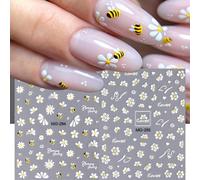 2 feuilles Autocollants d'art d'ongle d'été, dessin de marguerite et d'abeille mignonne en style de dessin animé, conception mixte de pétales de fleurs blanches, autocollants d'ongle auto-adhésifs 3D