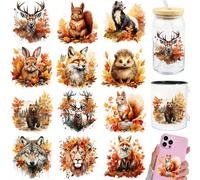 2 feuilles d'autocollants de transfert à frotter DIY UV DTF avec 12 motifs d'animaux de la jungle de la forêt d'automne. Artisanat, journal de bric-à-brac, verres de tumblers, emballages de tasses à c