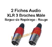 2 Fiches Audio XLR 3 Broches Mâle Bague de repérage Rouge contacts à souder