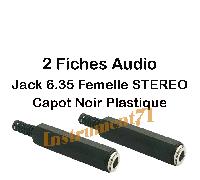 2 Fiches Jack 6,35 STEREO Femelle Capot Plastique NOIR Connections a Souder