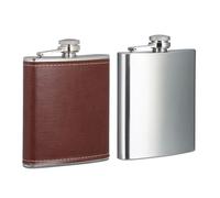 2 flasques de 200 ml, 1 flacon de poche en similicuir, 1 petit flacon en inox, pour les déplacements, argenté