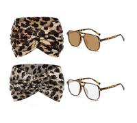 2 Foulards Imprimés Léopard, 2 Paires De Lunettes De Soleil Imprimés Léopard, Design Large, Accessoires De Mode, Vêtements Quotidiens Pour Femmes.