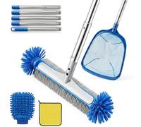 2-in-1 Balai Piscine Brosse avec Tige télescopique de 150 cm de Long,Épuisette de Piscine,Balai Brosse Piscine 43 cm,arrelage et Marches avec Chiffon et Gant en Microfibre,Version Améliorée