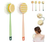 2-in-1 Bath Scrubber & Back Brush, Double-Side Body Scrubber Soft Texture, Exfoliating Shower Ball, 14-Inch Long-Handled Back Cleaning Bath Brush, for Woman, Men (Pink B+Green A)