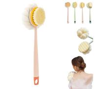 2-in-1 Bath Scrubber & Back Brush, Double-Side Body Scrubber Soft Texture, Exfoliating Shower Ball, 14-Inch Long-Handled Back Cleaning Bath Brush, for Woman, Men (Pink A)