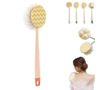 2-in-1 Bath Scrubber & Back Brush, Double-Side Body Scrubber Soft Texture, Exfoliating Shower Ball, 14-Inch Long-Handled Back Cleaning Bath Brush, for Woman, Men (Pink B)