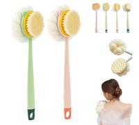 2-in-1 Bath Scrubber & Back Brush, Double-Side Body Scrubber Soft Texture, Exfoliating Shower Ball, 14-Inch Long-Handled Back Cleaning Bath Brush, for Woman, Men (Pink A+Green A)
