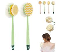 2-in-1 Bath Scrubber & Back Brush, Double-Side Body Scrubber Soft Texture, Exfoliating Shower Ball, 14-Inch Long-Handled Back Cleaning Bath Brush, for Woman, Men (Green A+Green B)