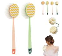 2-in-1 Bath Scrubber & Back Brush, Double-Side Body Scrubber Soft Texture, Exfoliating Shower Ball, 14-Inch Long-Handled Back Cleaning Bath Brush, for Woman, Men (Pink B+Green B)