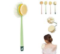 2-in-1 Bath Scrubber & Back Brush, Double-Side Body Scrubber Soft Texture, Exfoliating Shower Ball, 14-Inch Long-Handled Back Cleaning Bath Brush, for Woman, Men (Green A)