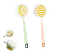 2-in-1 Bath Scrubber & Back Brush - Extra-Long handle, soft bristles, Body scrubber, dual-sided bath brush with gentle texture, portable back brush for shower (Green Bristle+Pink Fabric)