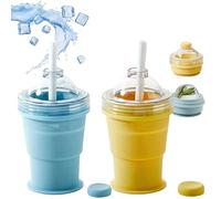 2-In-1 Collapsible Silicone Ice Ball Maker Cup, Cups with Built in Ice Molds, Easy Demolding, Ice Cube Collapsible Cup with Lid & Straw for Coffee, Juice, Home, Gym, Outdoor (Blue+Yellow)