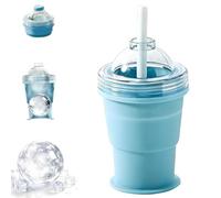 2-in-1 Collapsible Silicone Ice Ball Maker Cup,Leakproof Easy Demoulding Portable Ice Sphere Mold with Straw & Lid,Reusable Travel Drinking Cups for Coffee,Juice,Home,Gym,Outdoor (Blue)