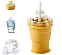 2-in-1 Collapsible Silicone Ice Ball Maker Cup,Leakproof Easy Demoulding Portable Ice Sphere Mold with Straw & Lid,Reusable Travel Drinking Cups for Coffee,Juice,Home,Gym,Outdoor (Yellow)
