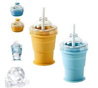 2-in-1 Collapsible Silicone Ice Ball Maker Cup,Leakproof Easy Demoulding Portable Ice Sphere Mold with Straw & Lid,Reusable Travel Drinking Cups for Coffee,Juice,Home,Gym,Outdoor (2Mix)