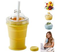 2-in-1 Collapsible Silicone Ice Ball Maker Cup, Reusable Portable Ice Sphere Mold with Straw & Leakproof Lid, Touch-Free Large Round Mold for Coffee, Juice, Home, Gym, Outdoor. (Yellow)