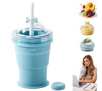 2-in-1 Collapsible Silicone Ice Ball Maker Cup, Reusable Portable Ice Sphere Mold with Straw & Leakproof Lid, Touch-Free Large Round Mold for Coffee, Juice, Home, Gym, Outdoor. (Blue)