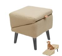 2-in-1 Convertible Wooden Home Step Stool Dog Ramp Stairs, Split Ottoman Dog Ramps, Foldable Non Slip Stairs for Couch, for Bed, Couch, Pet Steps, Outdoor Dogs Ramp Porch Steps (Khaki,Plush)