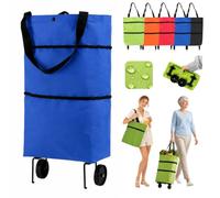 2-in-1 Foldable Shopping Cart, Shopping Bag on Wheels, Folding Trolley，Blue