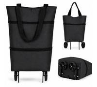 2-in-1 Foldable Shopping Cart with Wheels, Lightweight Rolling Tote Bag (Black)