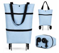 2-in-1 Foldable Shopping Cart with Wheels, Lightweight Rolling Tote Bag (Light Blue)