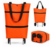 2-in-1 Foldable Shopping Cart with Wheels, Lightweight Rolling Tote Bag (Orange)