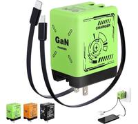 2-in-1 GaN Compatible with Fast Charger, GaN Charger Fast Charging, Retractable Phone Chargers Wall Plug with Lightning and Type-C Cables, Foldable Chargers for iPhone&Most Android (Green)