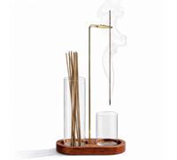 2 in 1 Incense & Candle Holder for Sticks, Anti-Ash Flying Incense Burne with Glass Ash Catcher and Sticks Organizer Handmade Wooden Tray for Meditation Yoga Spa Home Decor (Retro Color)