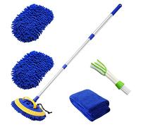 2 in 1 Microfiber Car Wash Mop Mitt with 45" Aluminum Alloy Long Handle,Chenille Car Cleaning Kit Brush Duster with Scratch Free for Washing Car/Truck/RV,2 Mop Head and 1 Towels and Air Vent Duster