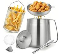 2-in-1 Stainless Steel Oil Strainer Pot, 70oz Large Capacity Multifunctional Fryer Pot with Fine Mesh Strainer, Frying Basket & Tong, Oil Filter for Kitchen, Camping Cooking (2L)