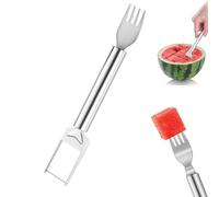 2-in-1 Watermelon Slicer and Fork, Stainless Steel Fruit Cutter Tool with Round Handle for Perfect Fruit Cubes, Dishwasher Hygienic Kitchen Gadget for Home and Outdoor Use