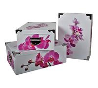2.J. Boite Rangement Carton Avec Couvercle | Lot De 3 Grandes Boites | Imprimé Orchidée avec Angles et Poignées en Métal. Tailles 38x26.5x14, 40x28.5x15, 42x30x16 cm