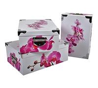 2.J. Boite Rangement Carton | Lot De 3 Grandes Boites Avec Couvercle | Imprimé Orchidée | Angles et Poignées en Métal. Tailles 31.5x22x12, 33.5x23x13, 36x25x13.5 cm