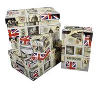 2.J. Boîtes Rangement Carton | Lot De 4 | Imprimé Decor UK, Angleterre, Londres,London, Avec Angles Et Poignées En Métal. Tailles : XL 29x11 cm - L 27x18x10,5 cm - M 25x16,5x10 cm - S 23x15x9 cm